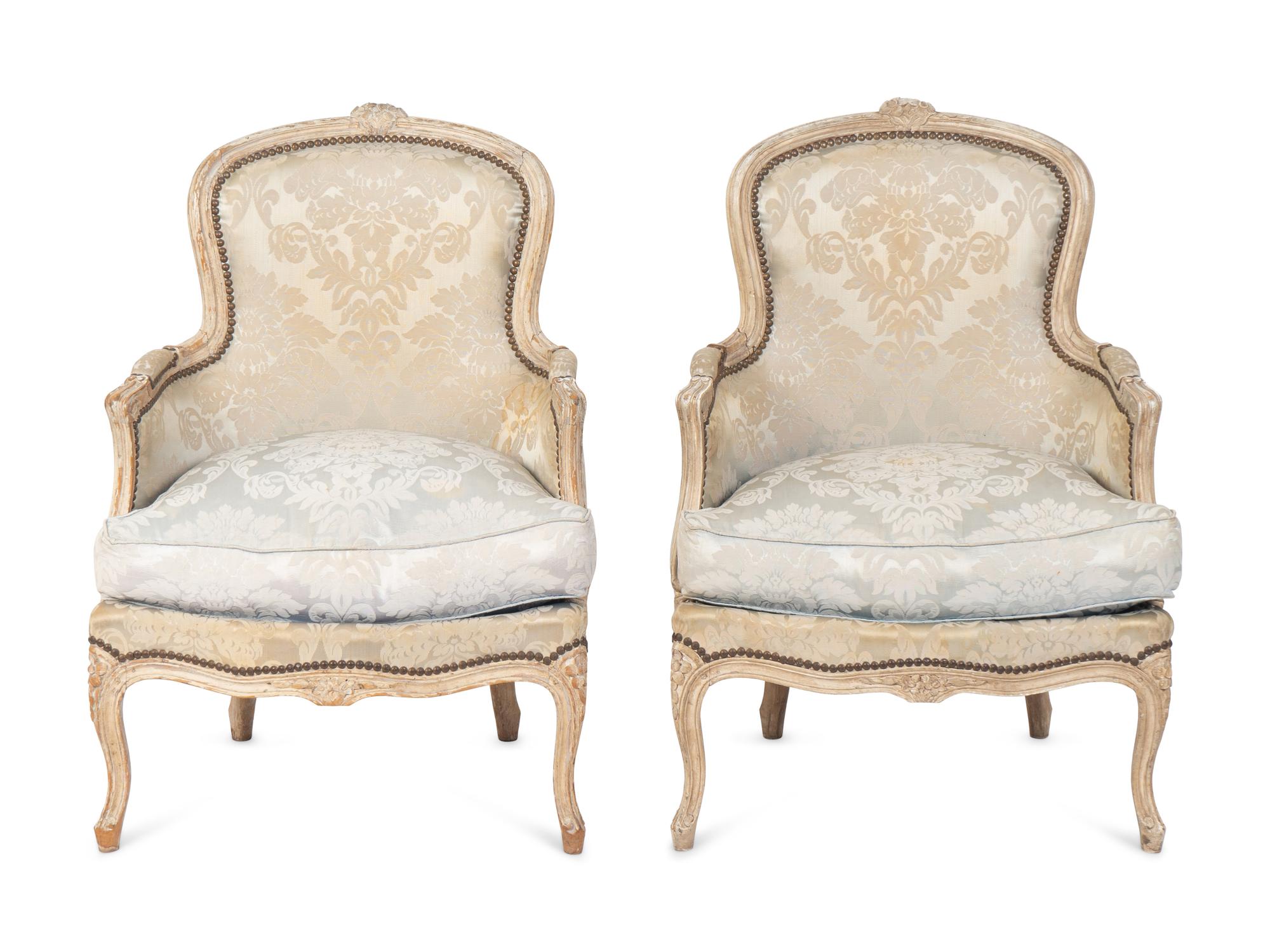 A Pair of Louis XV Grey-Painted Bergères of Small Size — 18tTH/19TH CENTURY