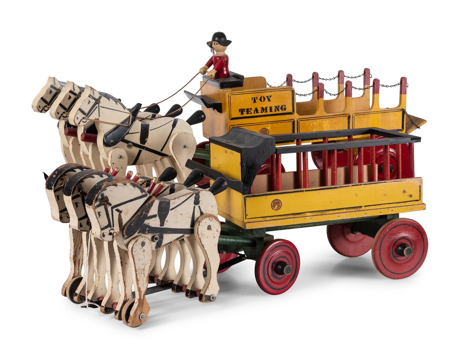 Two Rich Toys Painted Wood Three-Horse Team Wagons