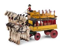 Two Rich Toys Painted Wood Three-Horse Team Wagons