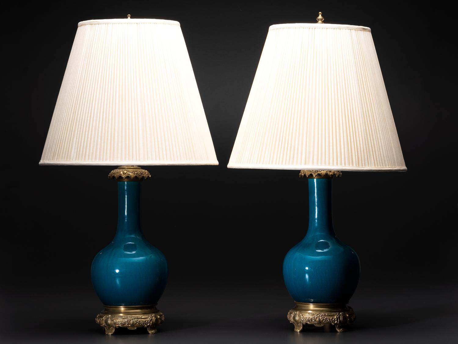 A Pair of Chinese Porcelain Bottle Vase Table Lamps with Bronze Mounts