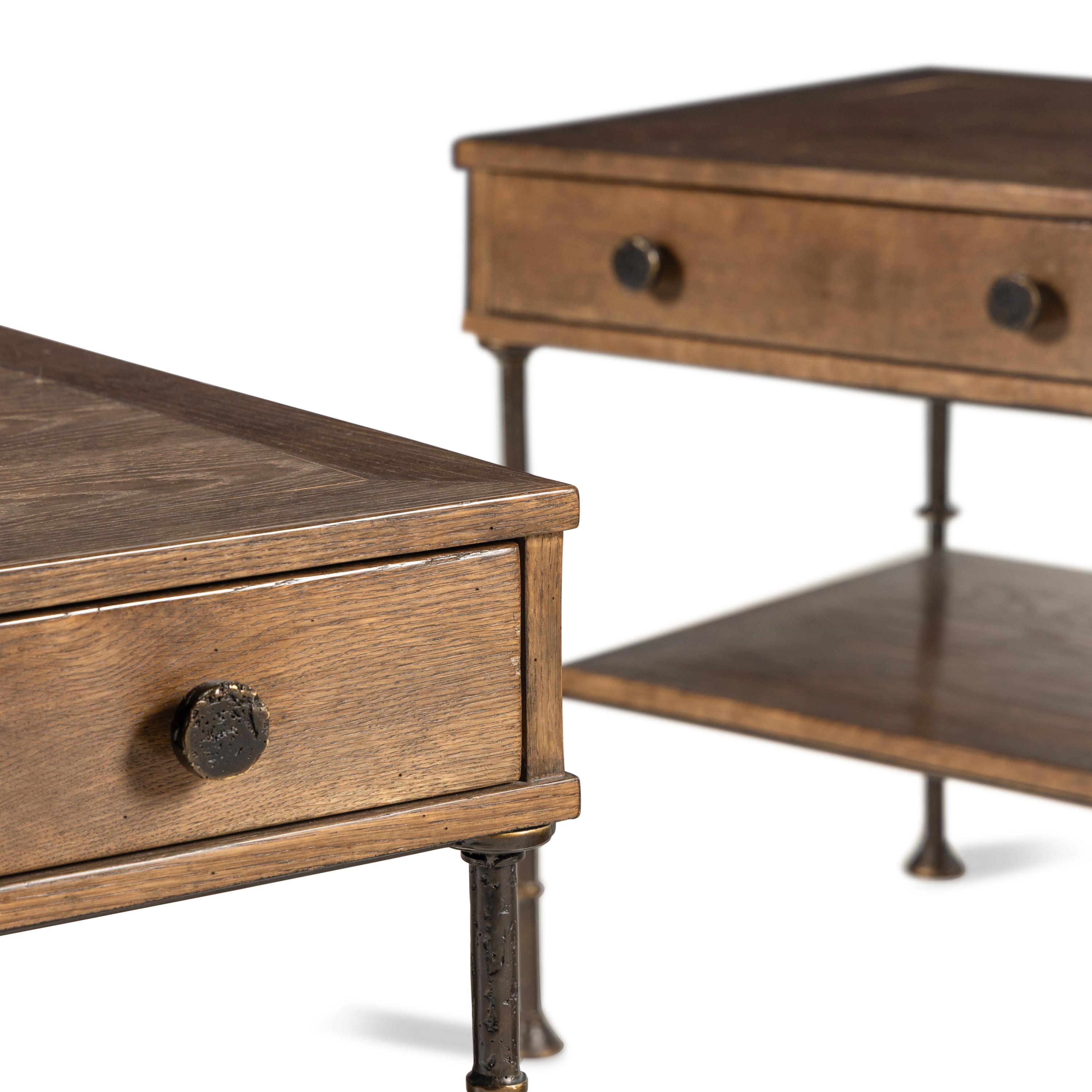 A Pair of Walnut and Steel Side Tables