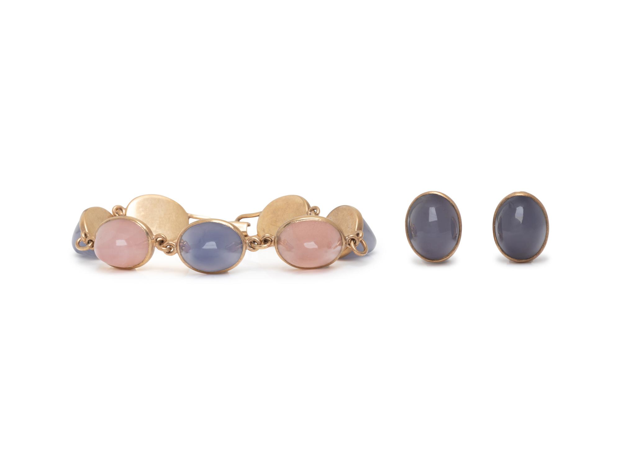 WILLIAM WILKINSON LIMITED, CHALCEDONY AND ROSE QUARTZ BRACELET AND EARRINGS