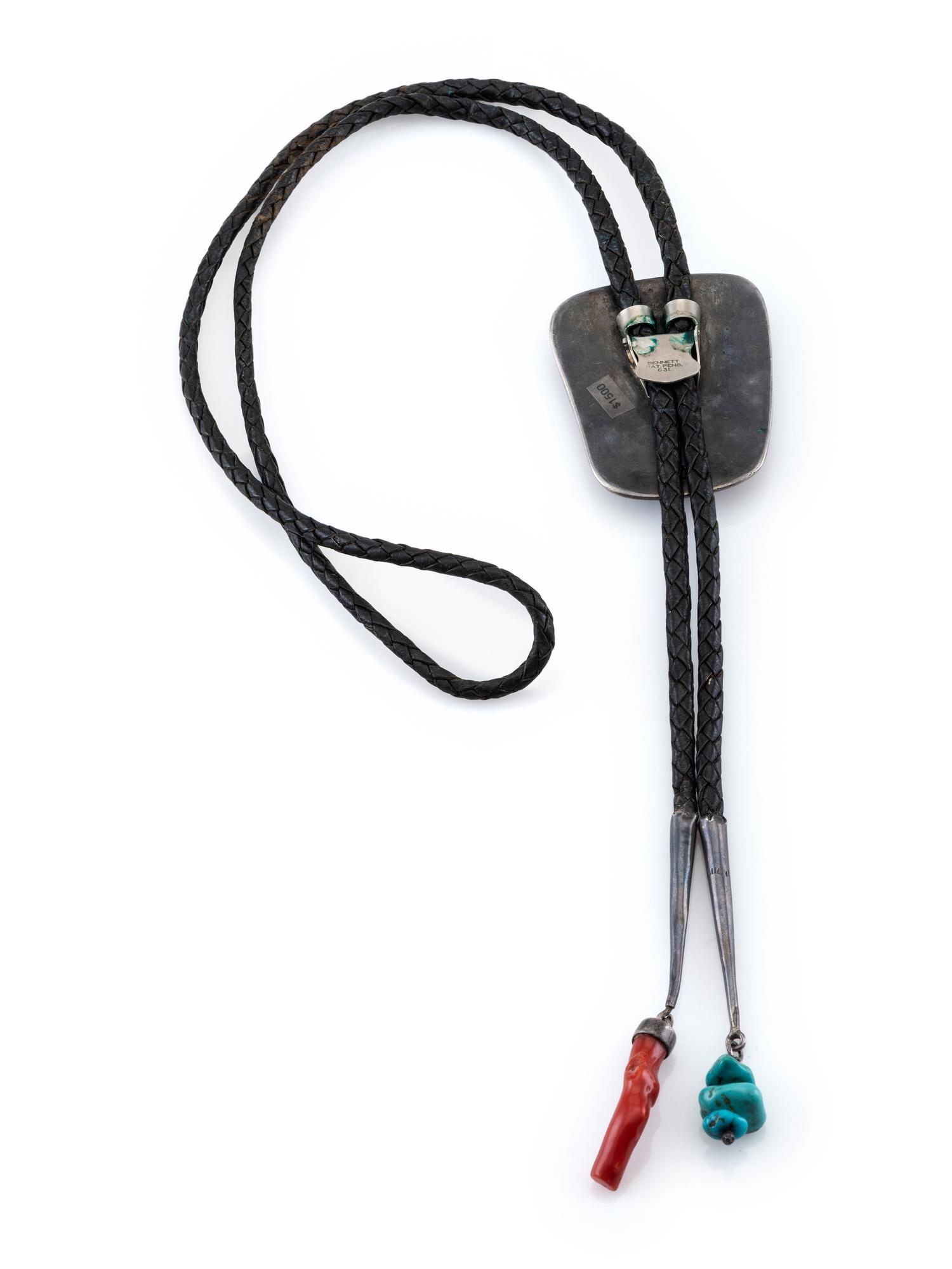 Southwestern-style Sterling Silver Bolo Tie, set with Coral and Turquoise in a Shadow Box Design