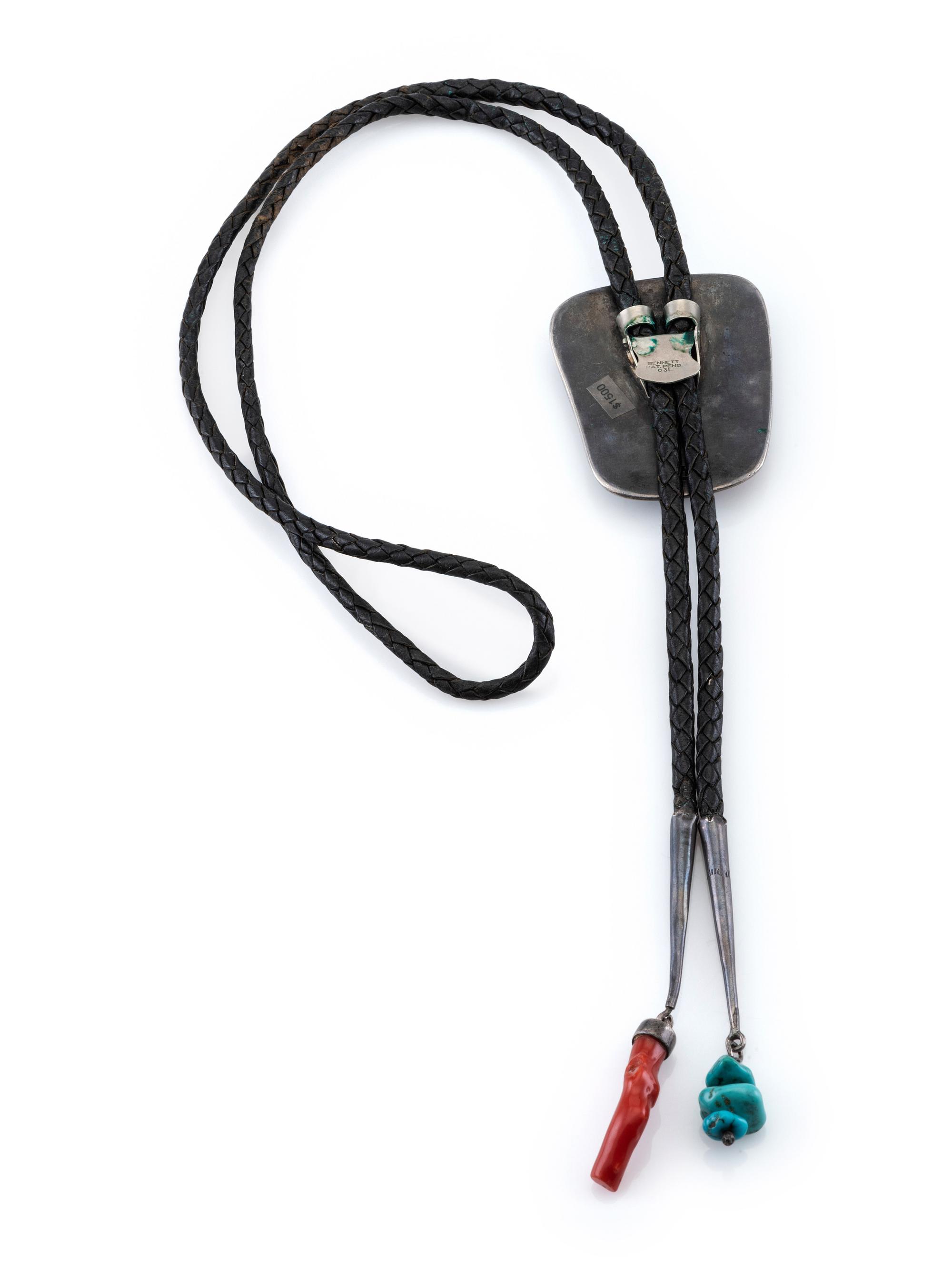 Southwestern-style Sterling Silver Bolo Tie, set with Coral and Turquoise in a Shadow Box Design