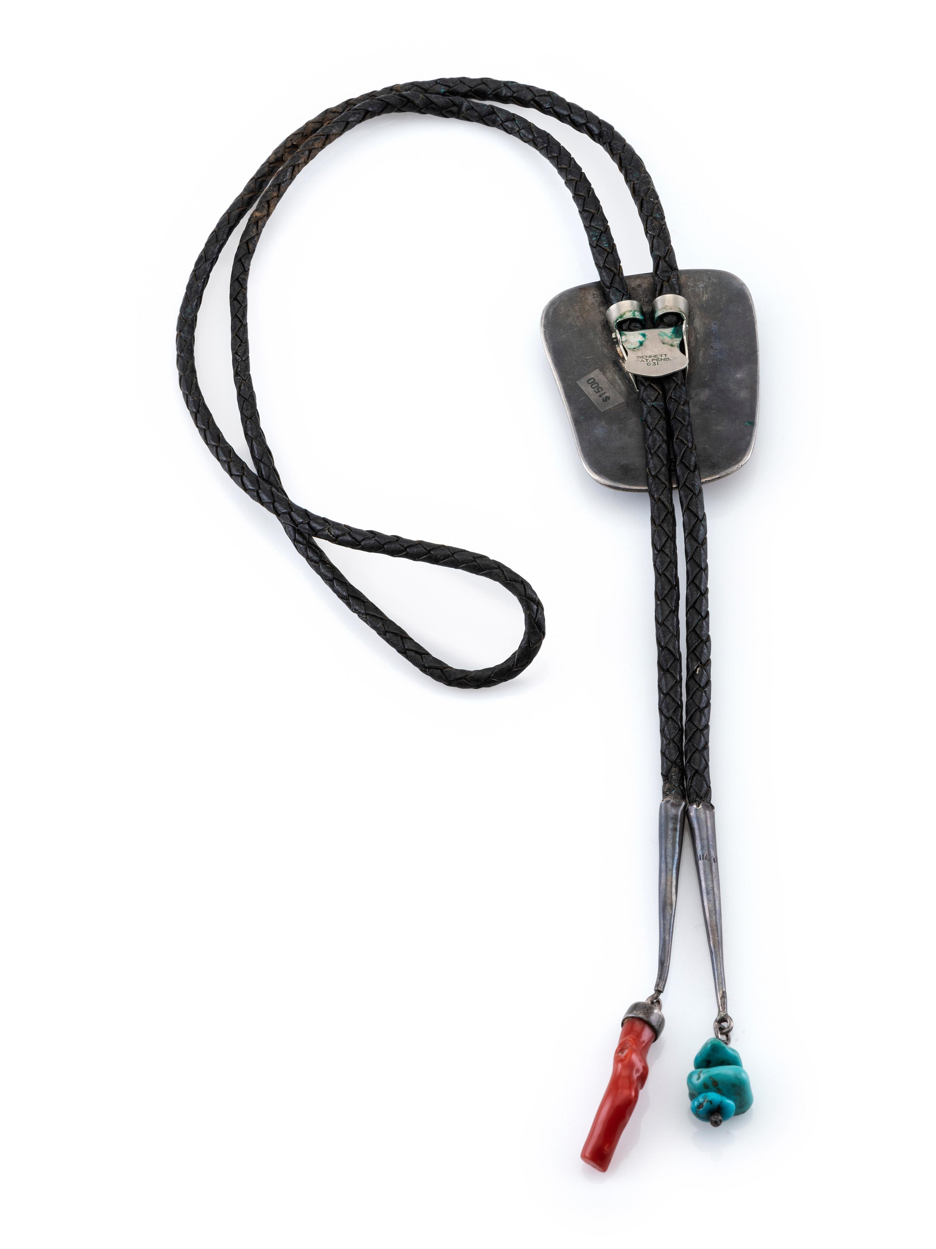 Southwestern-style Sterling Silver Bolo Tie, set with Coral and Turquoise in a Shadow Box Design