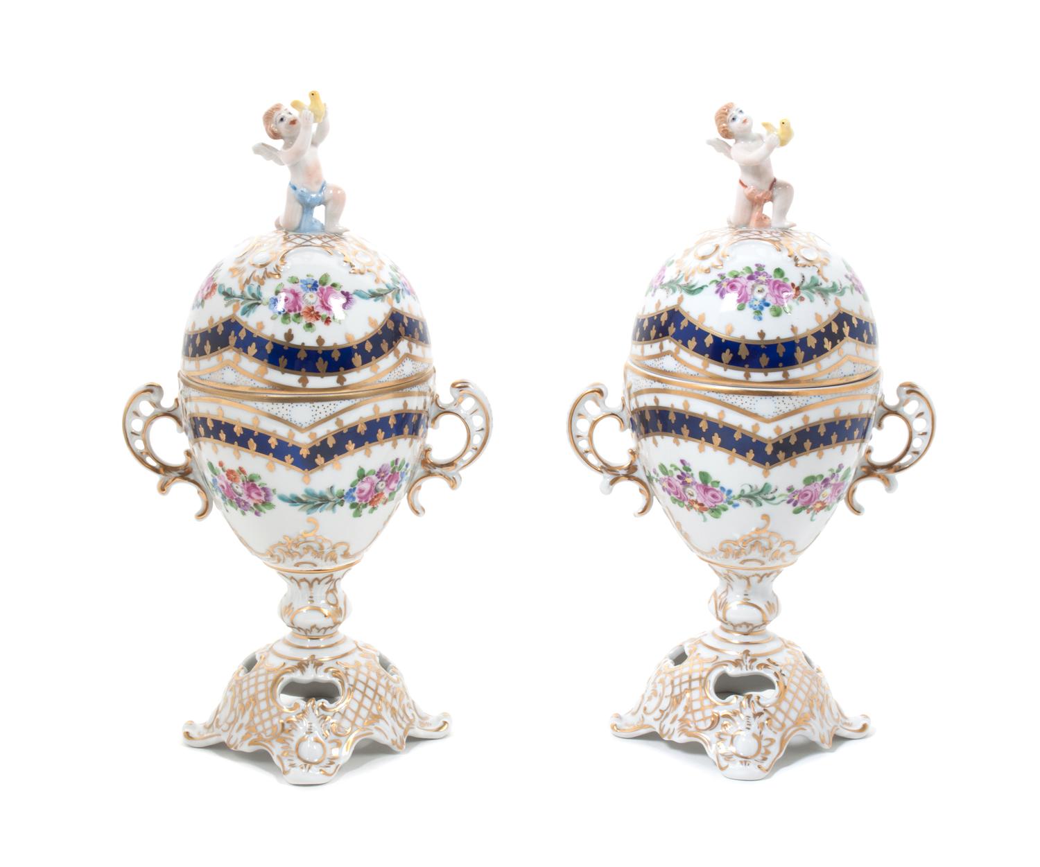 A Pair of Dresden Porcelain Covered Vases Height 9 3/4 inches. — 20TH CENTURY