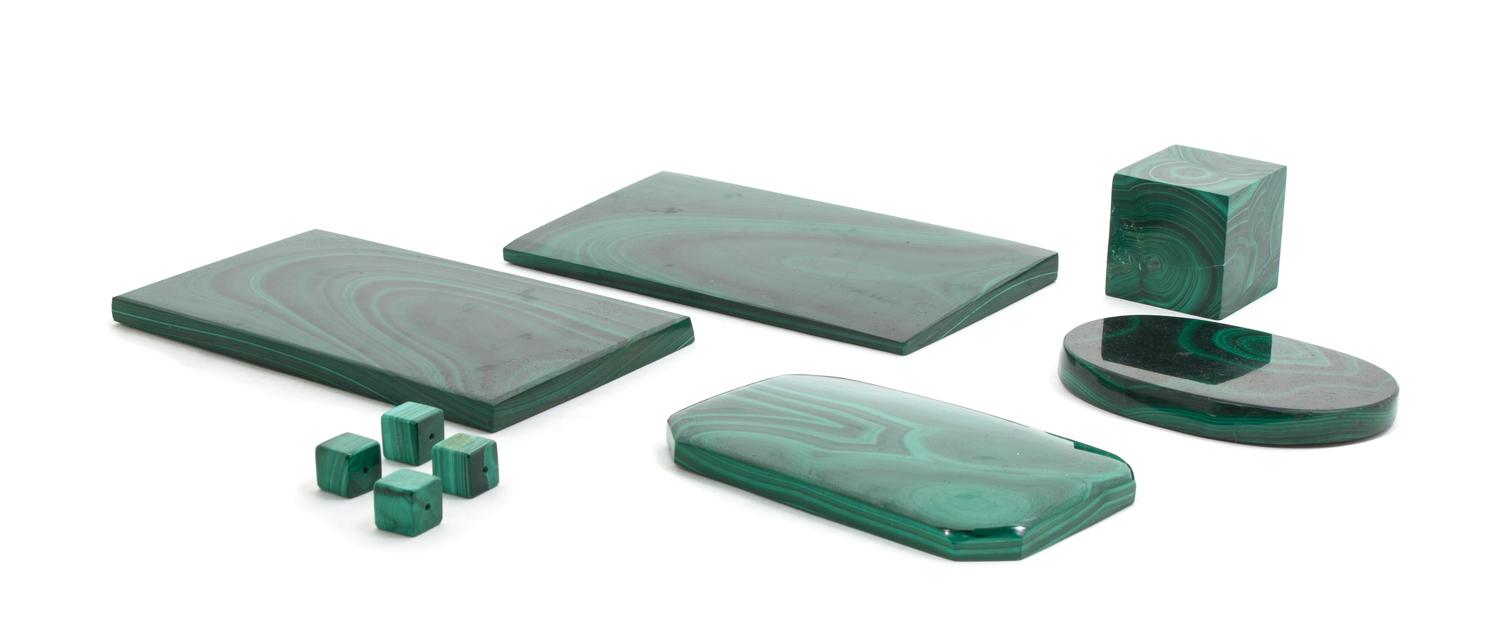 An Assembled Collection of Malachite Table Articles Largest 3 1/2 x 5 7/8 inches.