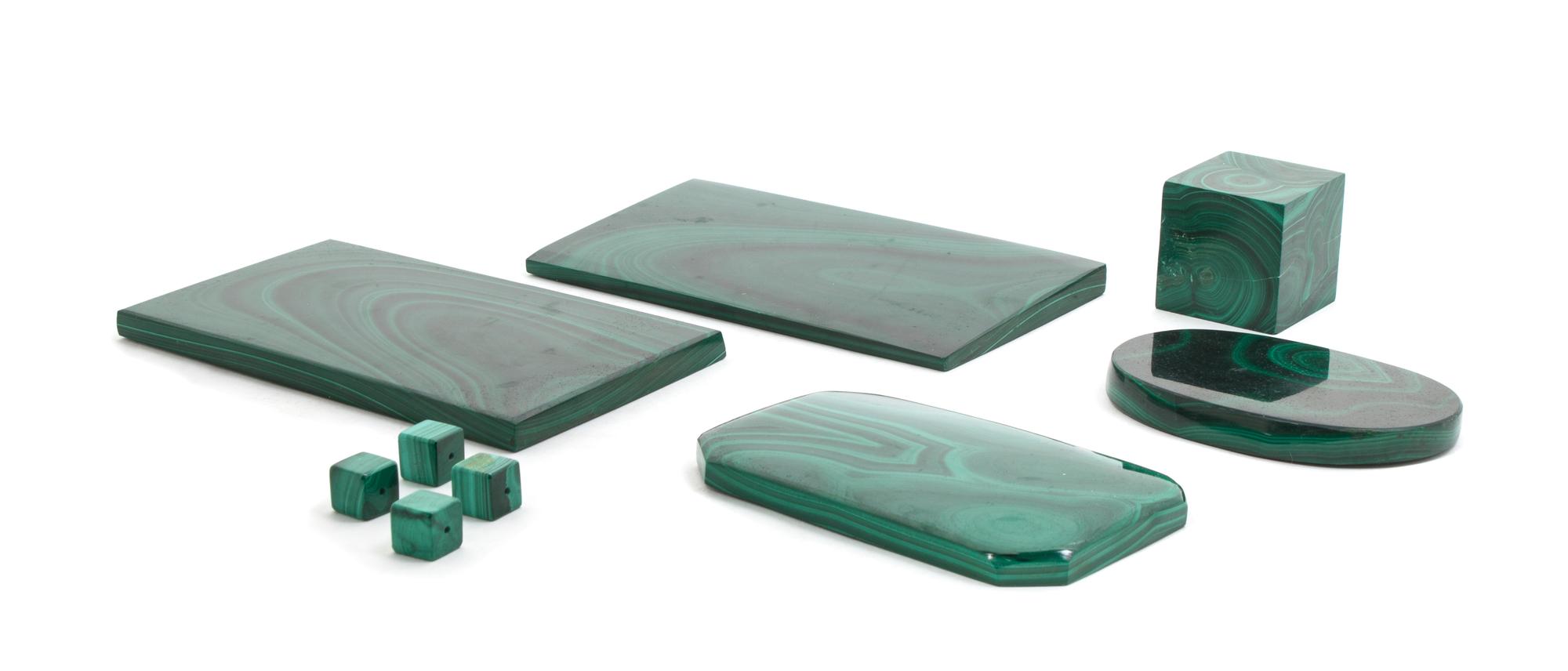 An Assembled Collection of Malachite Table Articles Largest 3 1/2 x 5 7/8 inches.