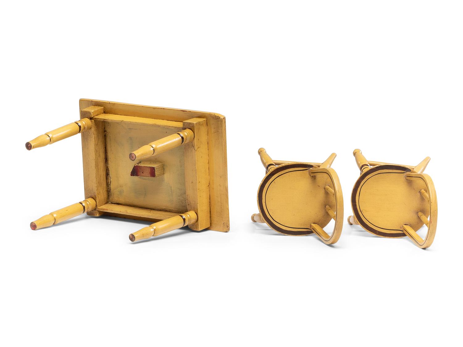 A Miniature Classical Yellow Painted and Stencil-Decorated Dining Table and Pair of Chairs