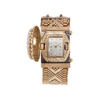 CONVERTIBLE 14K YELLOW GOLD, ENAMEL, DIAMOND AND PEARL SURPRISE WRISTWATCH/BRACELET