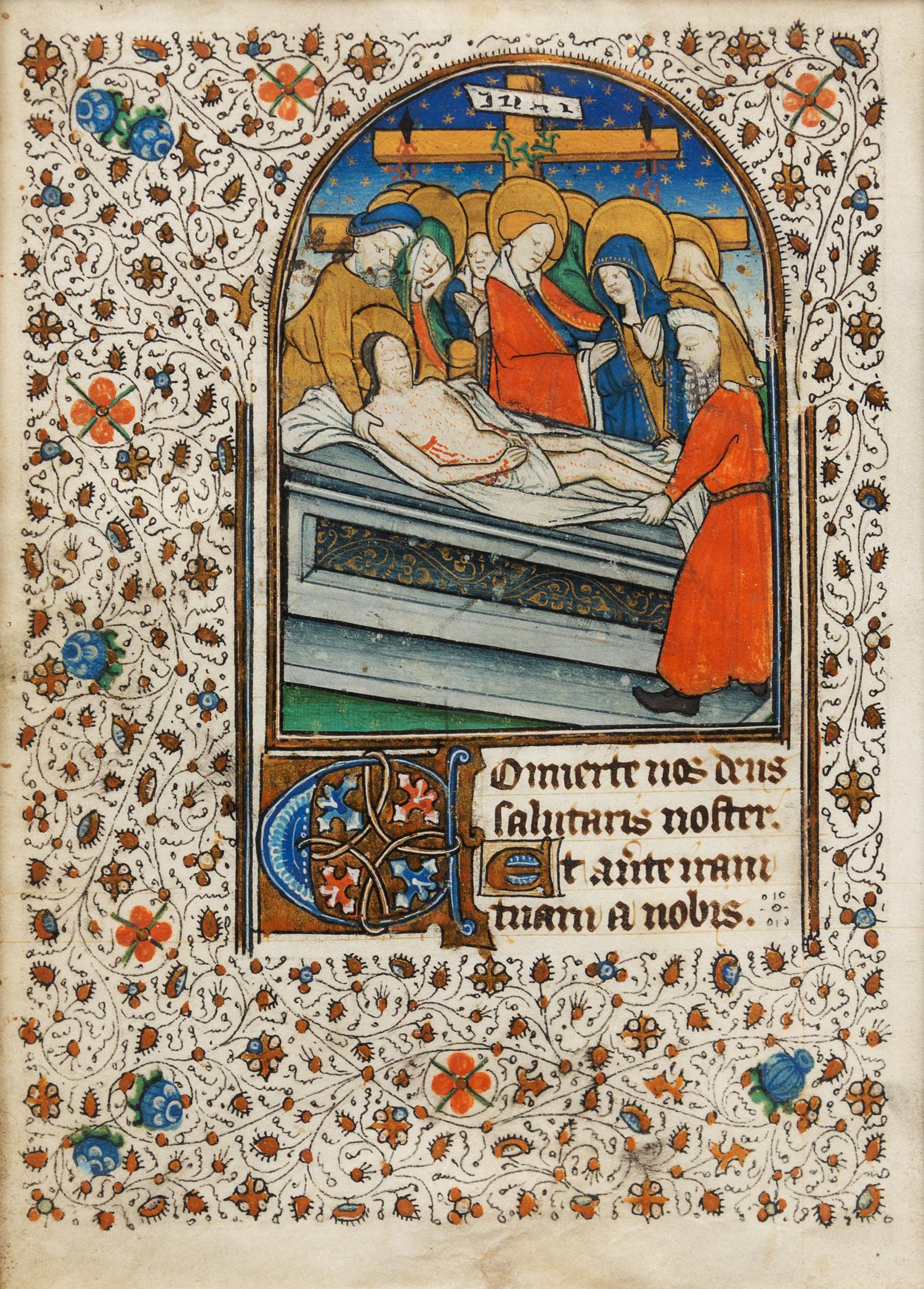 THE ENTOMBMENT OF CHRIST, miniature on a leaf from a Book of Hours, ILLUMINATED MANUSCRIPT ON VELLUM [French, 15th century].
