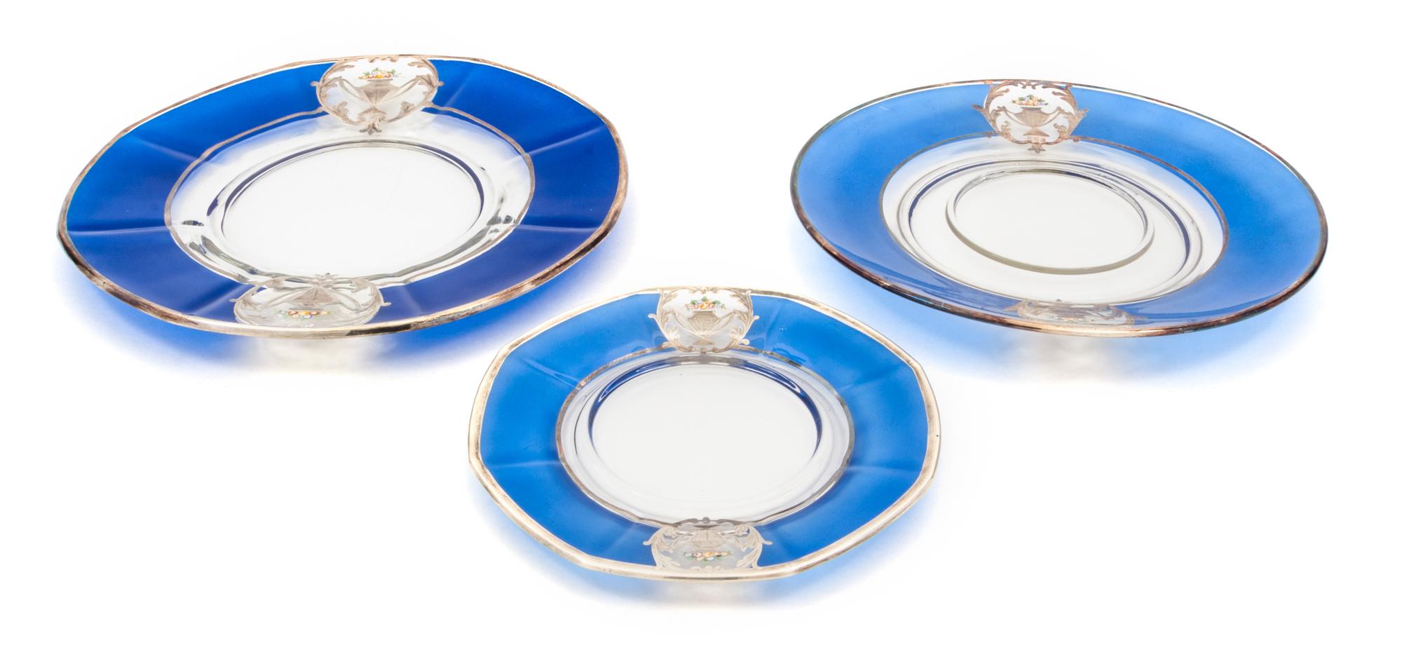 Three Silver Overlay Glass Plates Diameter of largest 10 5/8 inches.