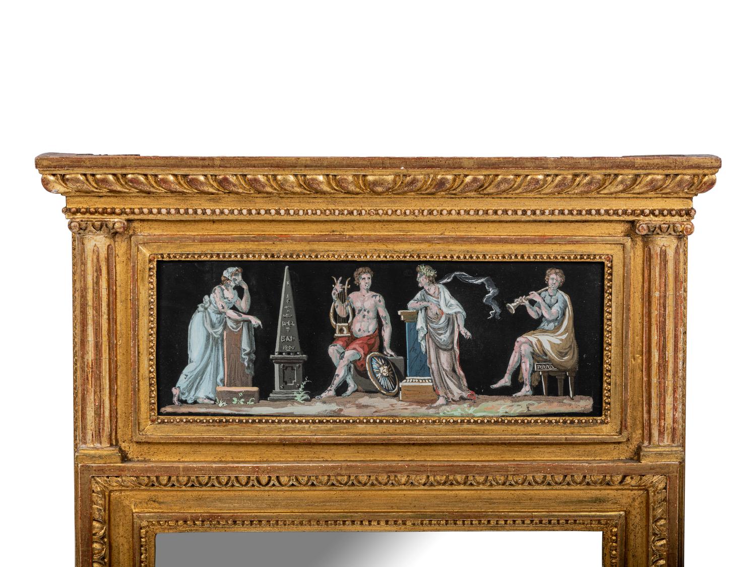 A North European Neoclassical Gouache Panel Inset Giltwood Mirror