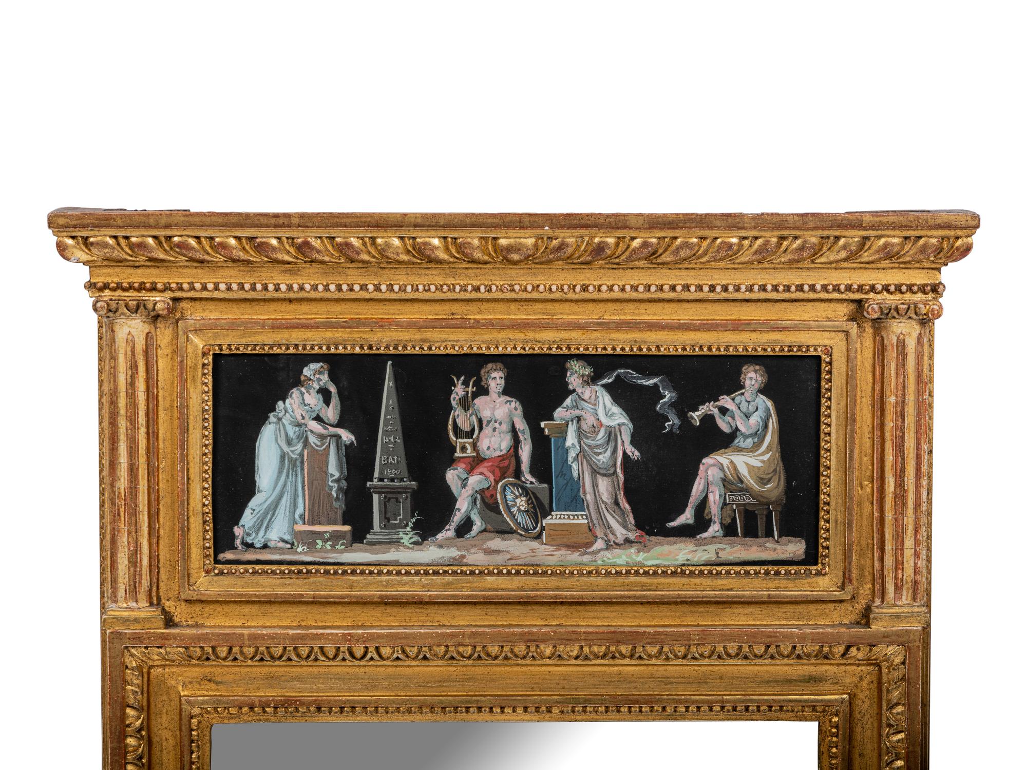 A North European Neoclassical Gouache Panel Inset Giltwood Mirror