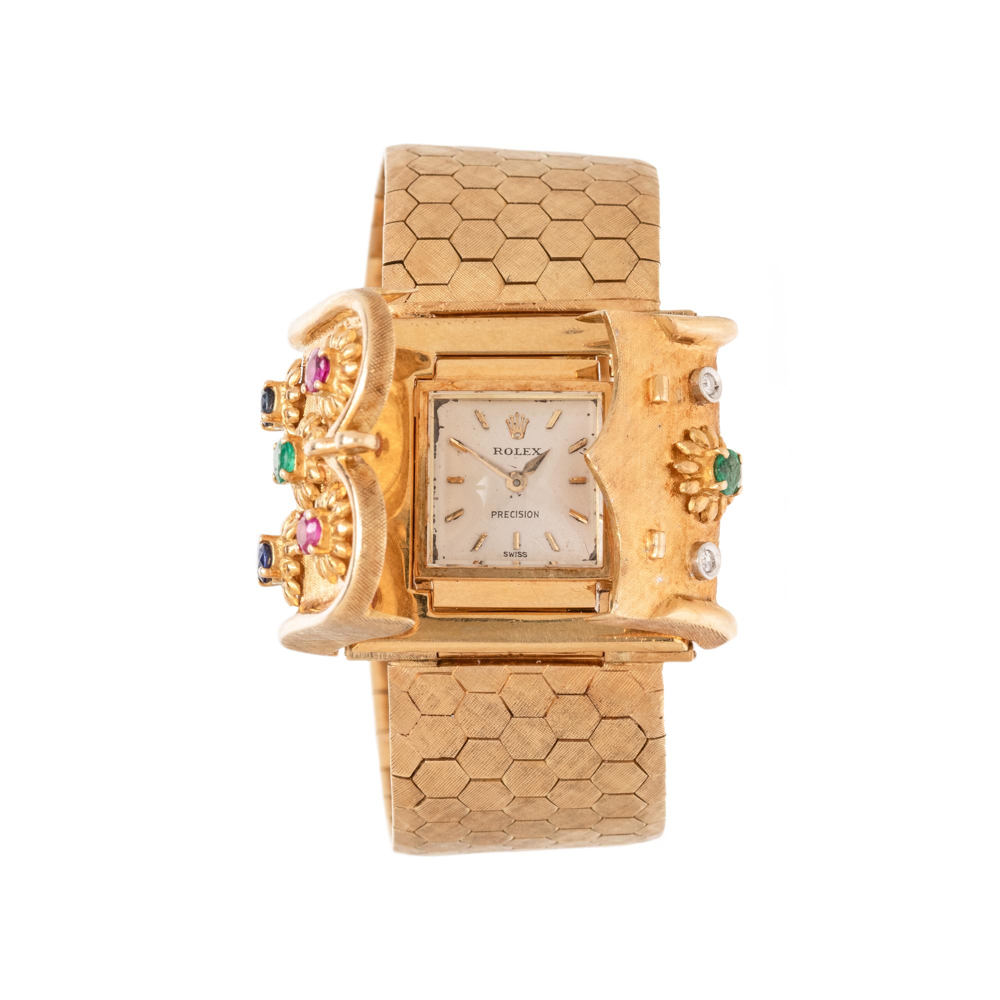 ROLEX, YELLOW GOLD AND MULITIGEM HIDDEN DIAL BRACELET WATCH