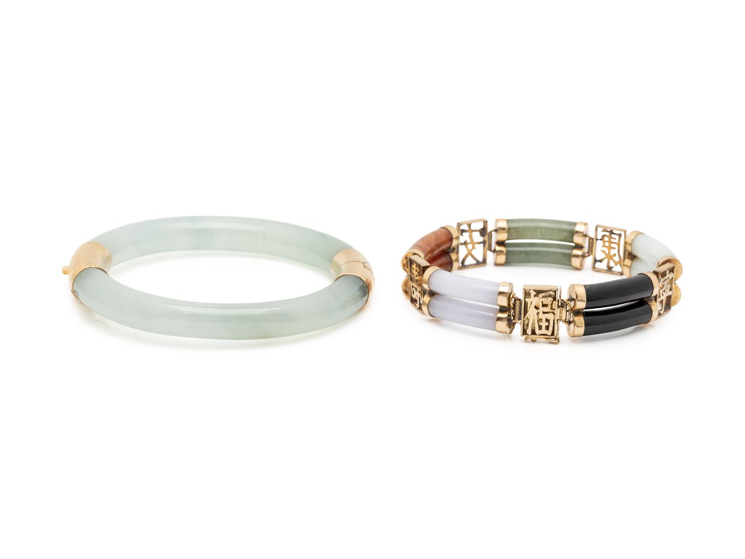COLLECTION OF YELLOW GOLD AND JADE BRACELETS