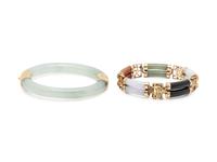 COLLECTION OF YELLOW GOLD AND JADE BRACELETS
