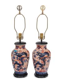 A Pair of Imari Palette Porcelain Vases Mounted as Lamps