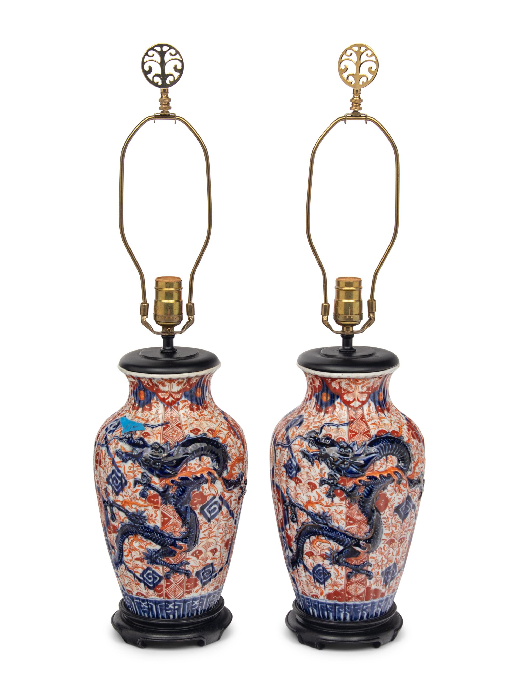A Pair of Imari Palette Porcelain Vases Mounted as Lamps