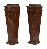 A Pair of Verdigris Patinated Terracotta Urns on Faux Marble Painted Pedestals