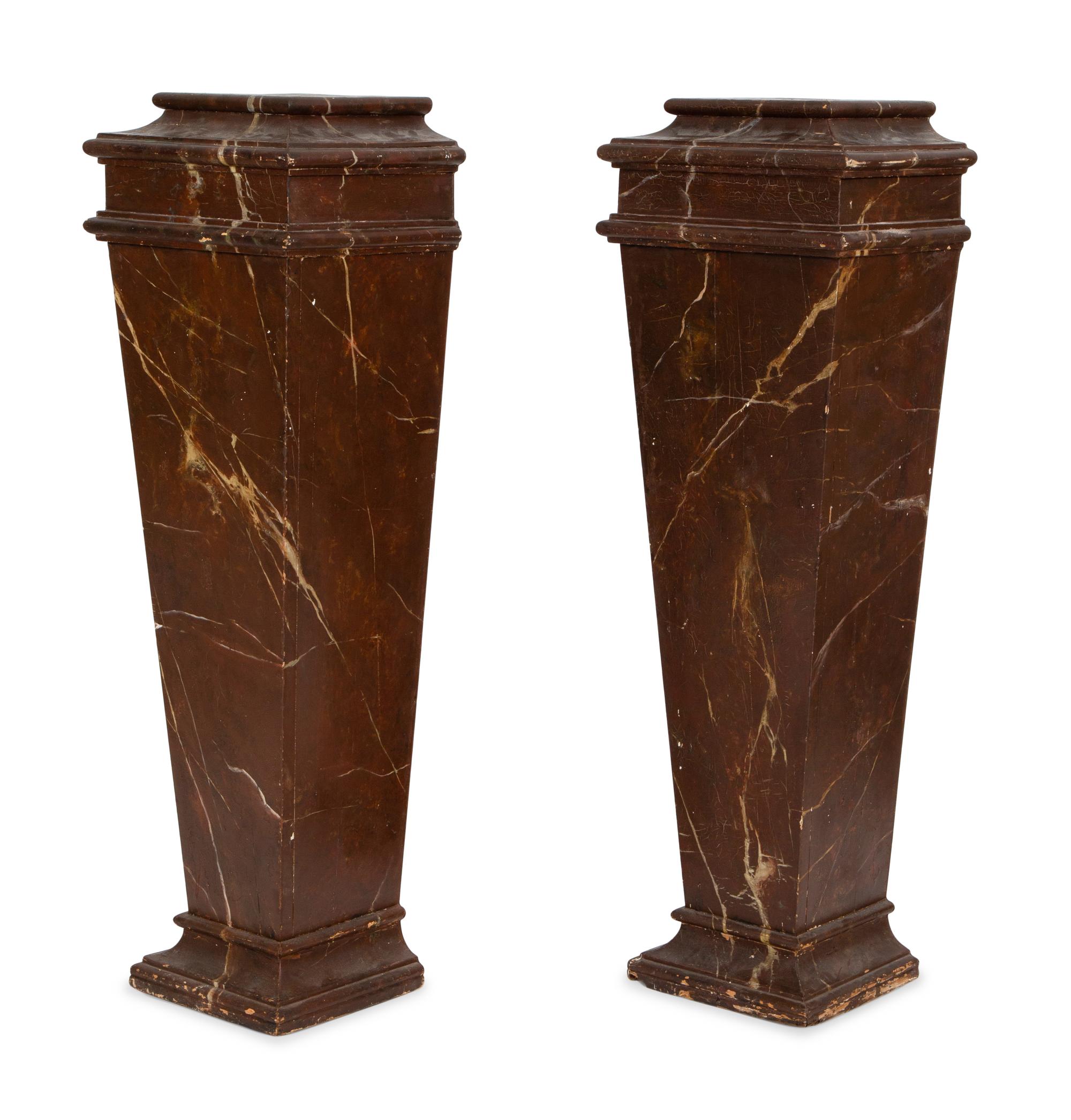 A Pair of Verdigris Patinated Terracotta Urns on Faux Marble Painted Pedestals