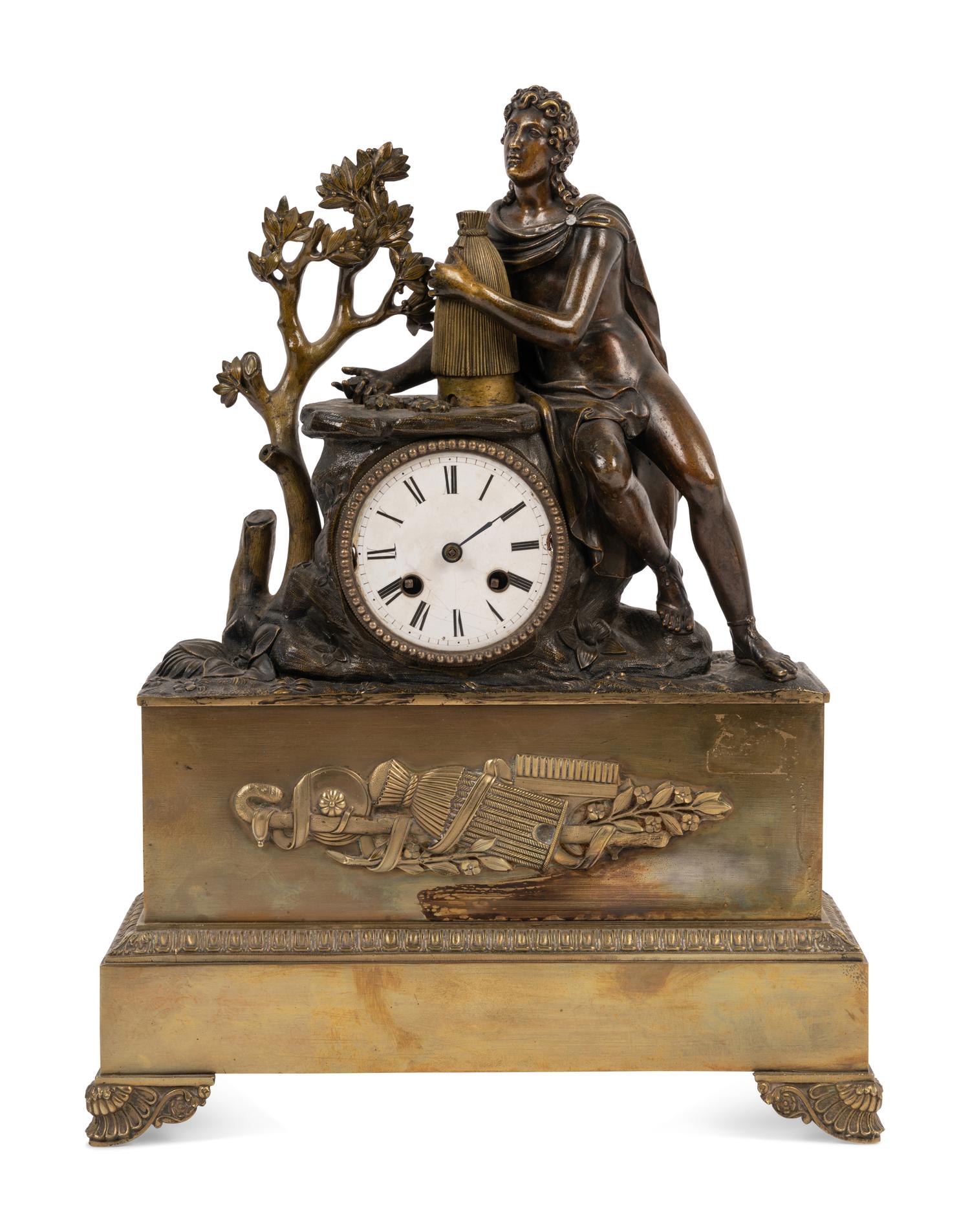 An Empire Style Gilt and Patinated Bronze Figural Mantel Clock