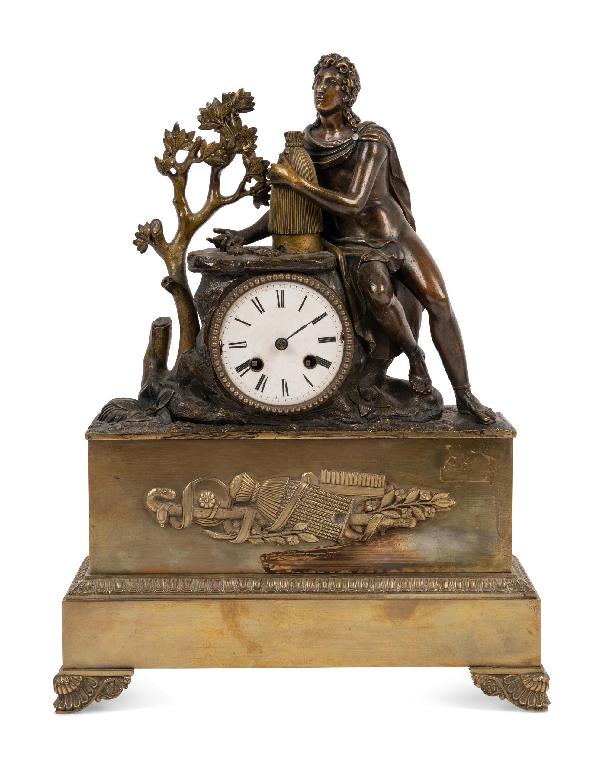 An Empire Style Gilt and Patinated Bronze Figural Mantel Clock