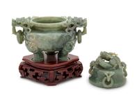 A Chinese Celadon Jade Tripod Incense Burner and Cover