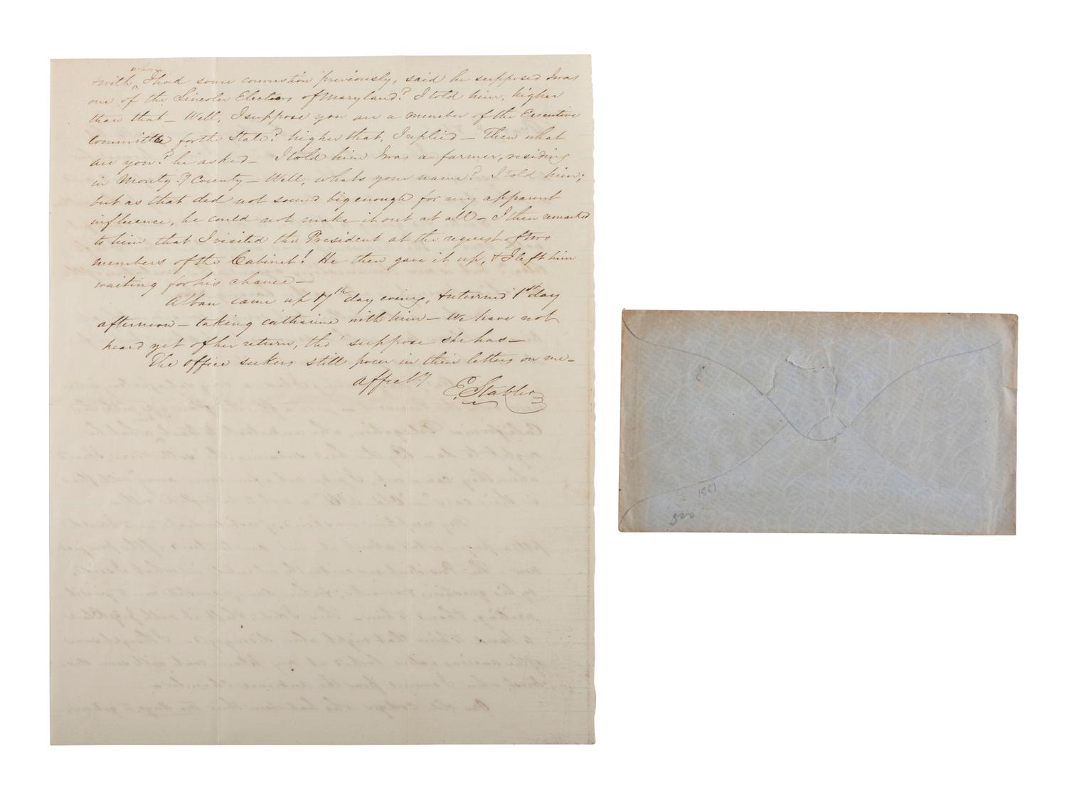 [LINCOLNIANA]. ALS from Maryland Postmaster Edward Stabler re: an April 1861 meeting with Lincoln.