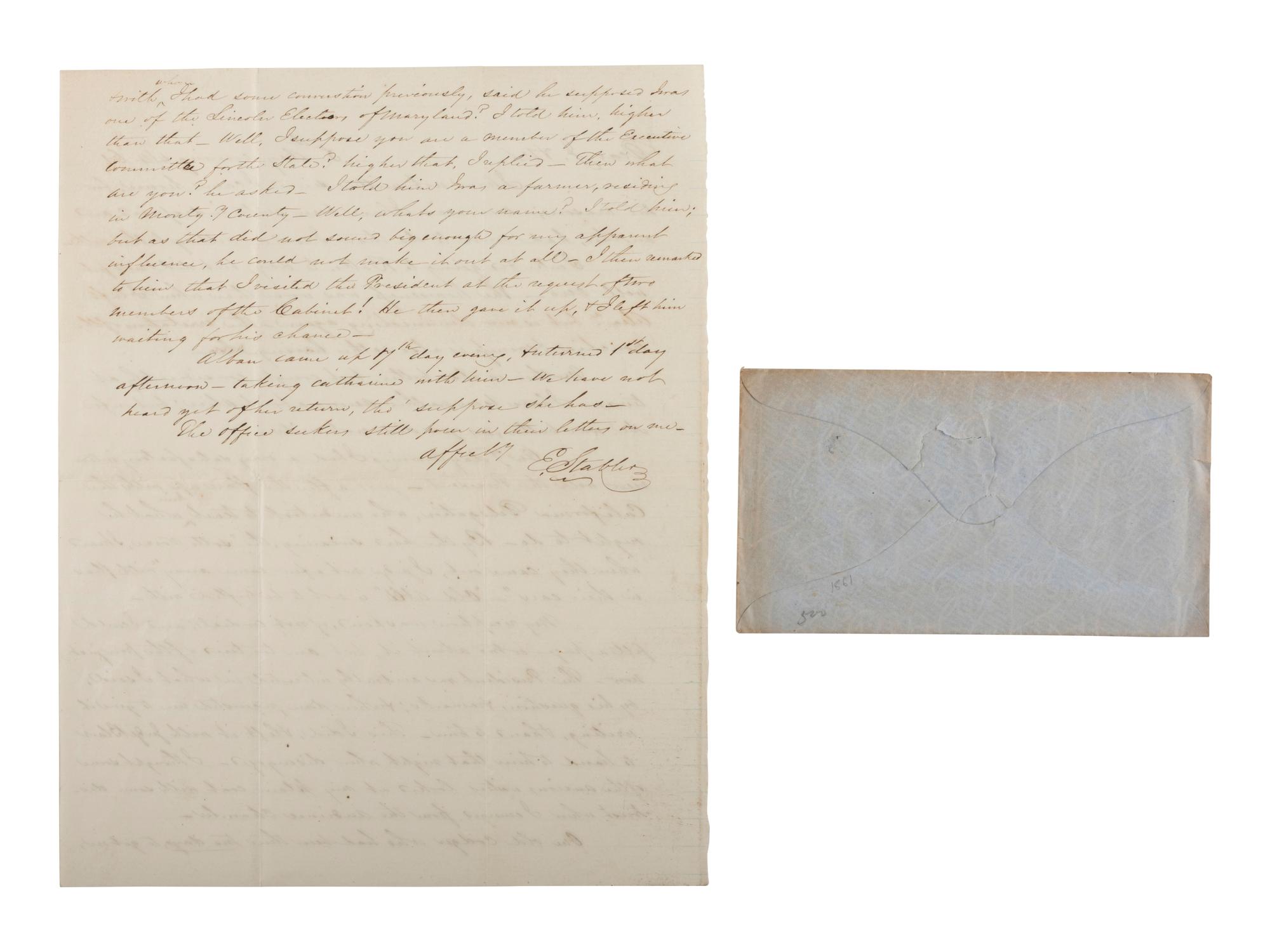 [LINCOLNIANA]. ALS from Maryland Postmaster Edward Stabler re: an April 1861 meeting with Lincoln.