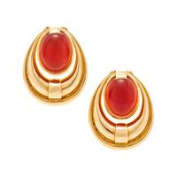 A Pair of 18 Karat Yellow Gold and Carnelian Earclips, David Webb, 36.35 dwts.