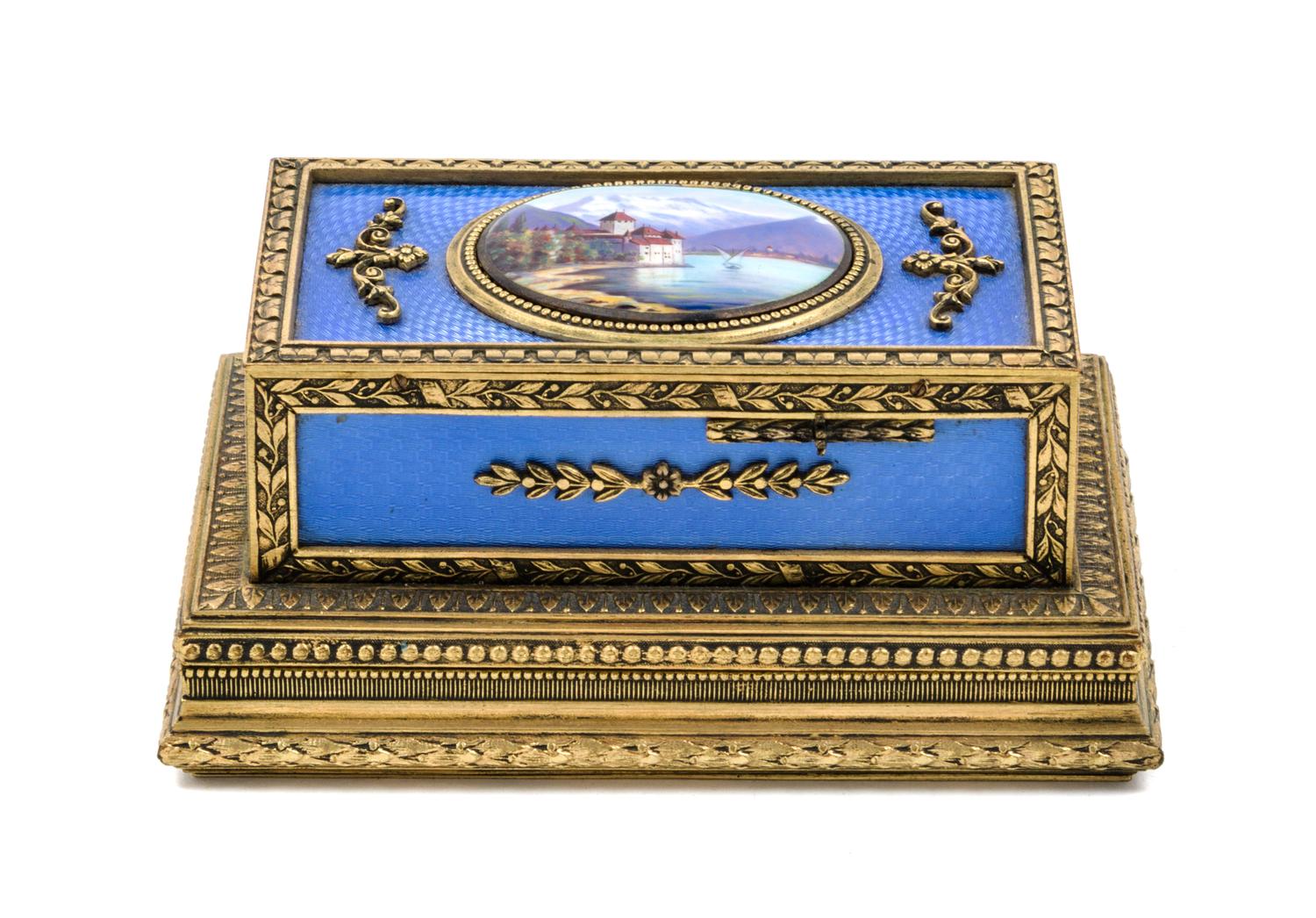 A Swiss Gilt Bronze and Guilloche Enamel Singing Bird Automaton Box Width 4 1/2 inches.