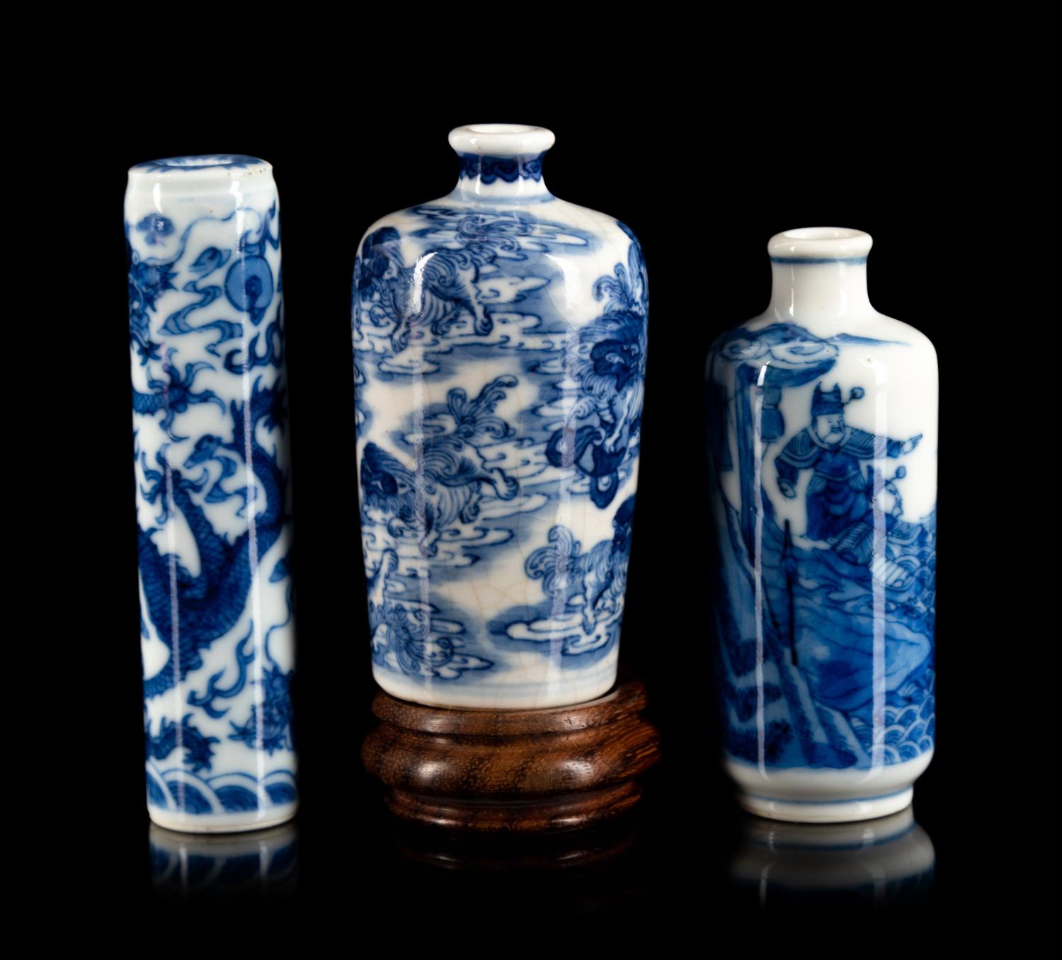 Three Blue and White Porcelain Snuff Bottles
