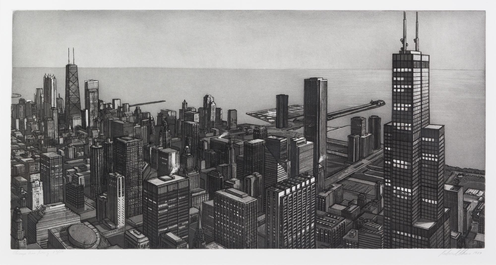 Richard Haas, (American, b. 1936), Chicago View, Evening, 1989