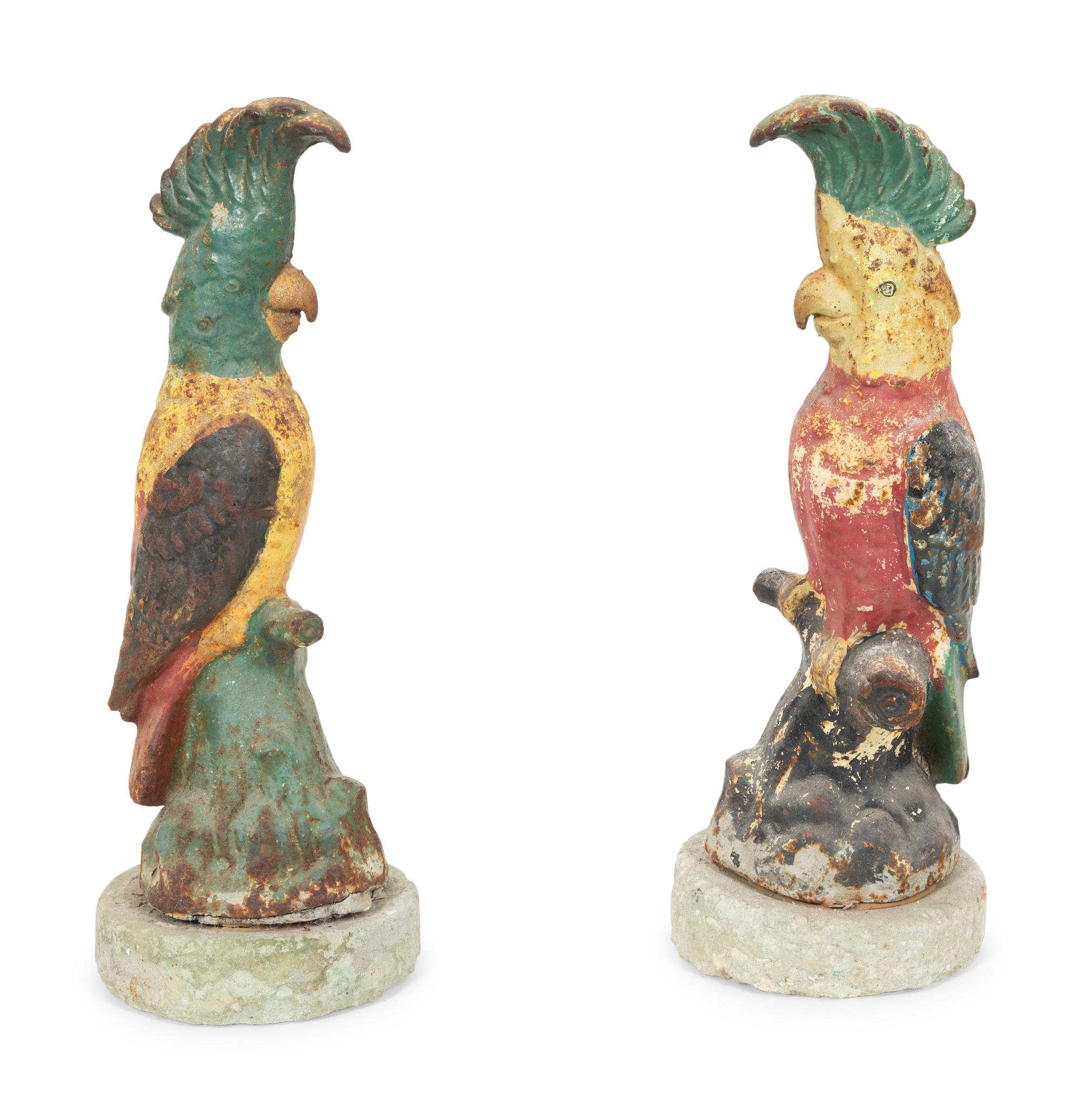 A Pair of Polychrome Painted Iron Parrots