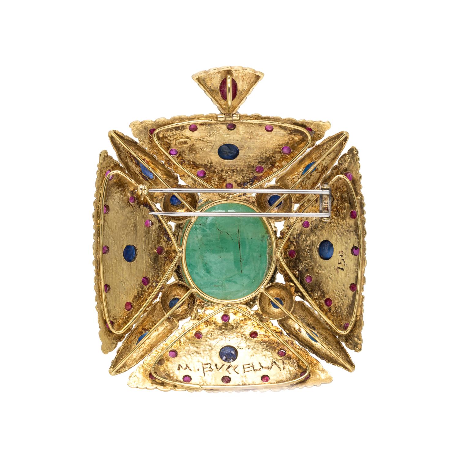 YELLOW GOLD, MULTIGEM AND DIAMOND PENDANT/BROOCH