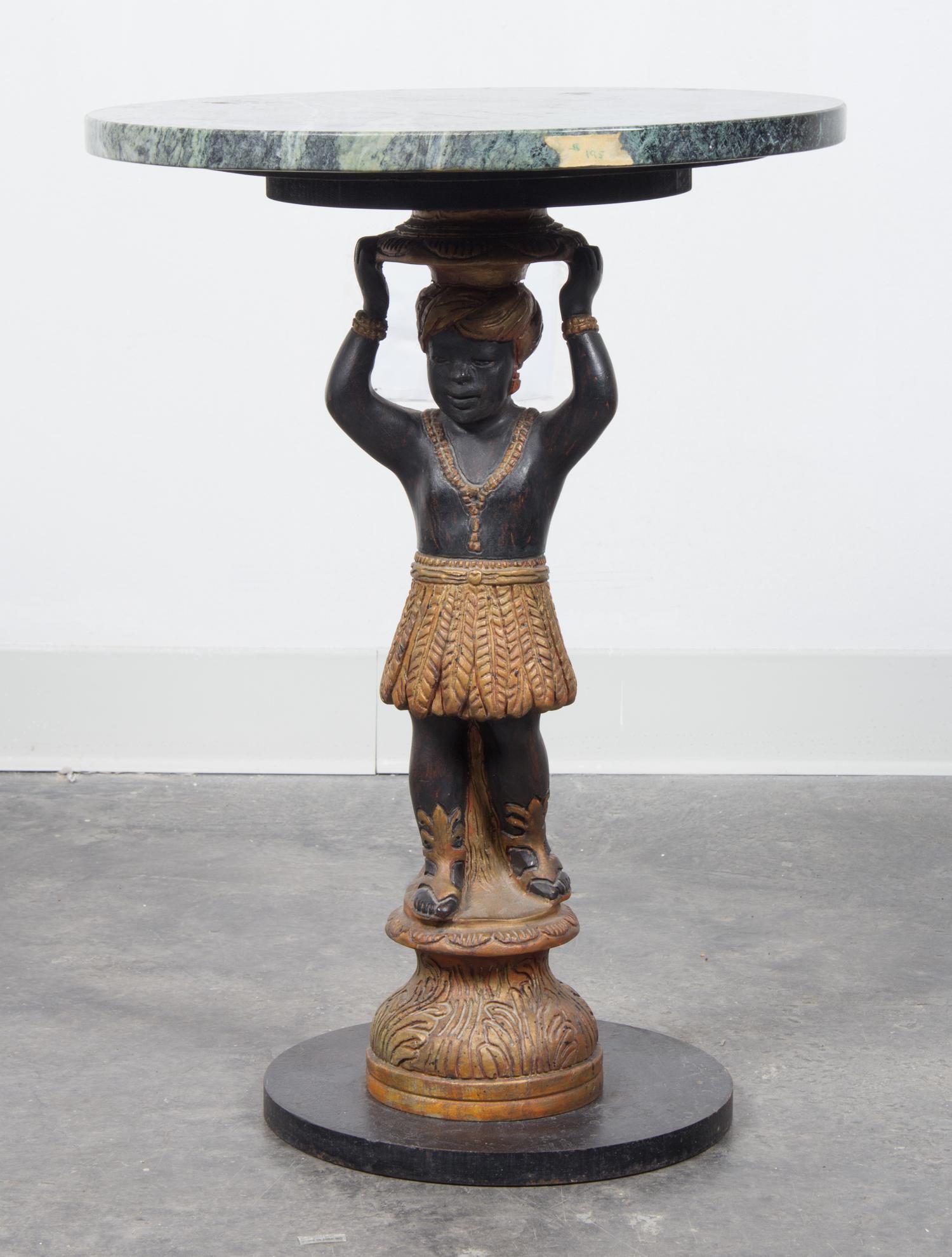 A Victorian Gilt and Black Lacquer Figural Pedestal Table Height 22 1/2 inches.
