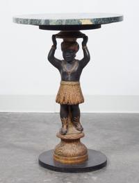 A Victorian Gilt and Black Lacquer Figural Pedestal Table Height 22 1/2 inches.