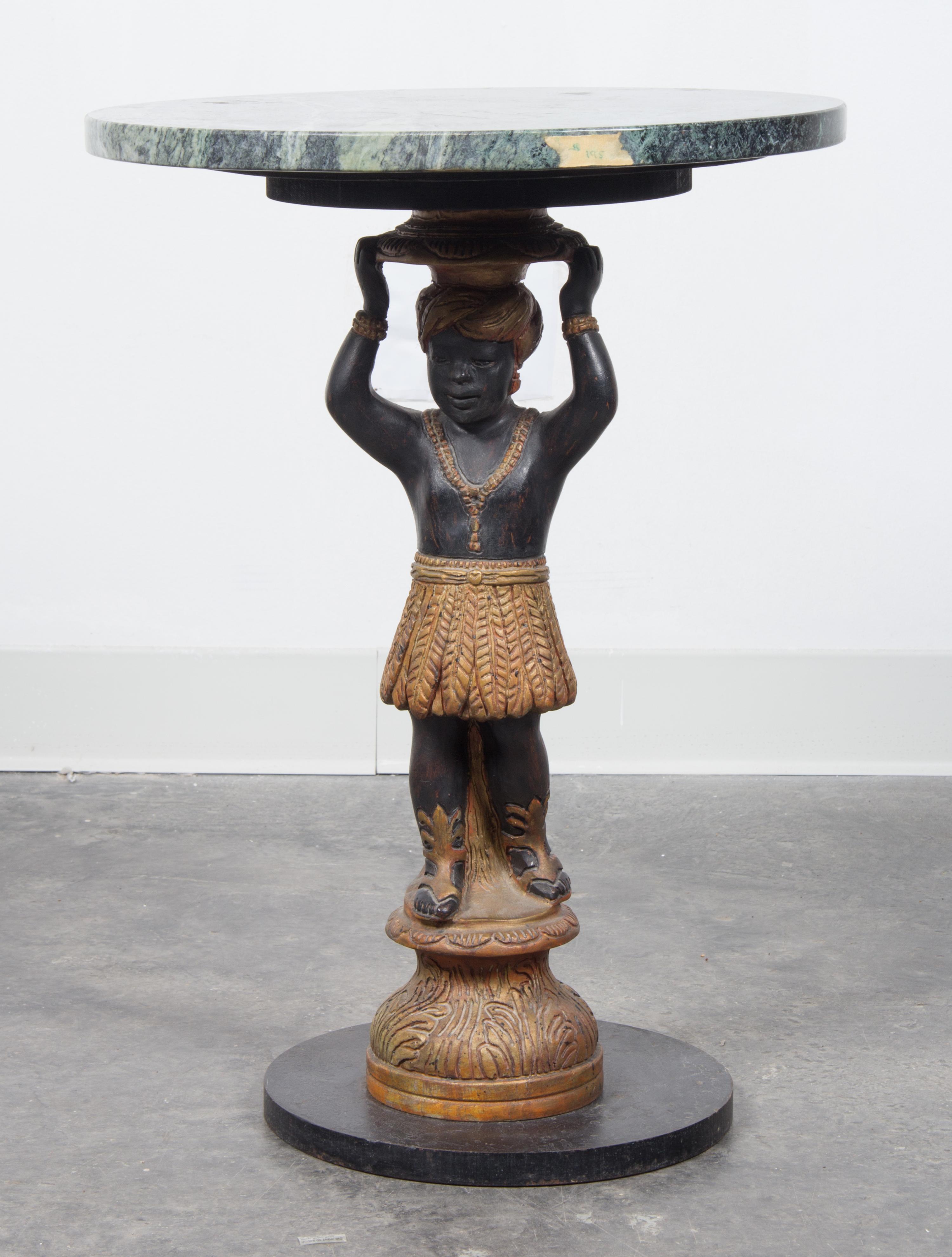 A Victorian Gilt and Black Lacquer Figural Pedestal Table Height 22 1/2 inches.