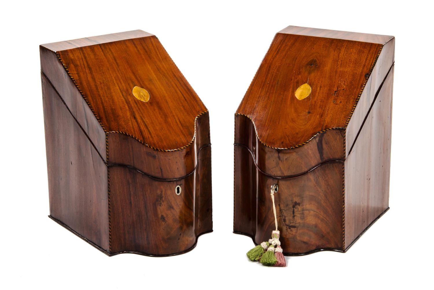 A Pair of George III Irish Mahogany Knife Boxes, LATE 18TH CENTURY, Height 15 x width 19 1/2 x depth 13 1/4 inches. — LATE 18TH CENTURY,
