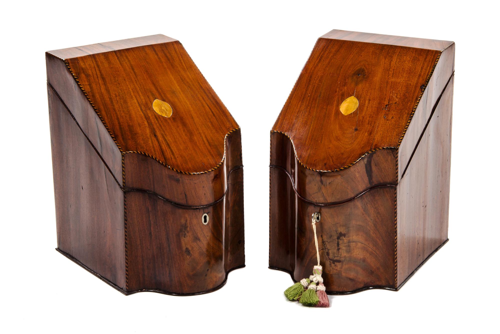 A Pair of George III Irish Mahogany Knife Boxes, LATE 18TH CENTURY, Height 15 x width 19 1/2 x depth 13 1/4 inches. — LATE 18TH CENTURY,