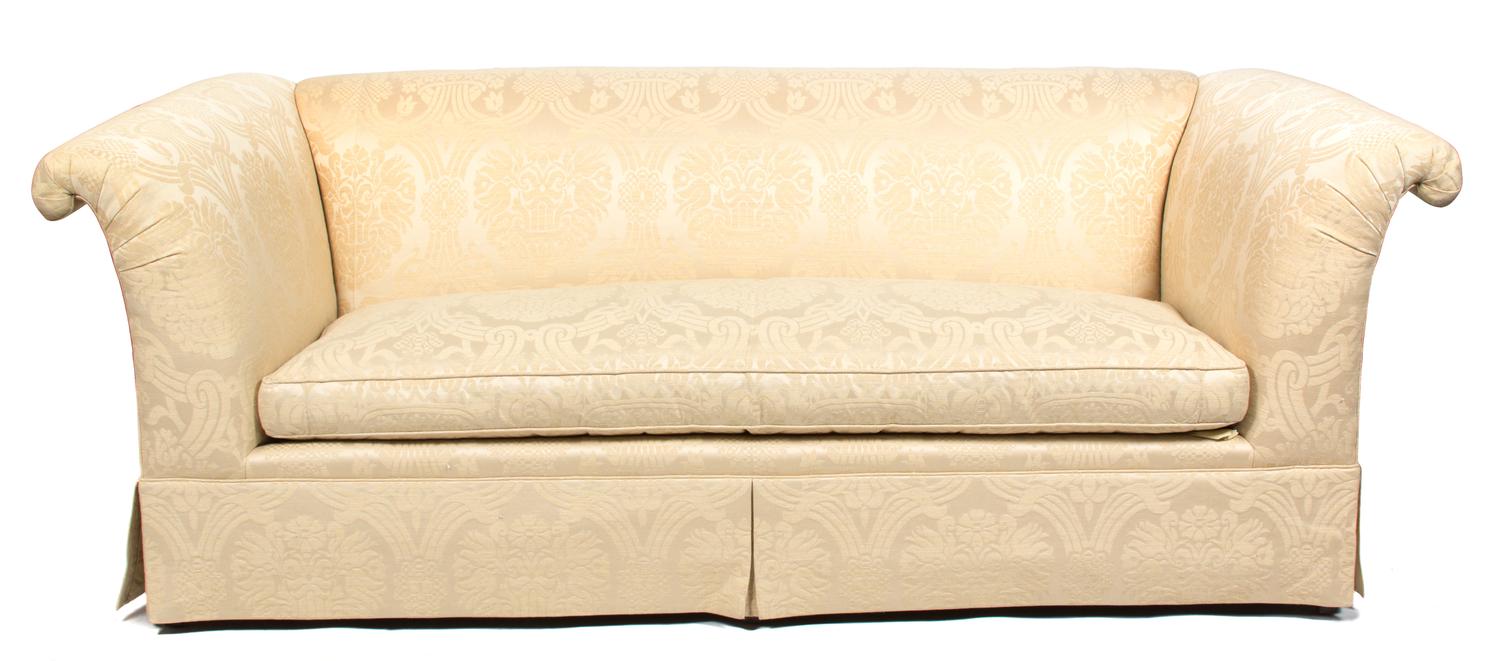 A Pair of Contemporary White Silk Damask Upholstered Sofas Height 31 1/2 x width 82 x depth 36 1/2 inches. — 20TH CENTURY