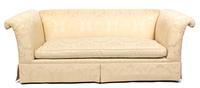 A Pair of Contemporary White Silk Damask Upholstered Sofas Height 31 1/2 x width 82 x depth 36 1/2 inches. — 20TH CENTURY