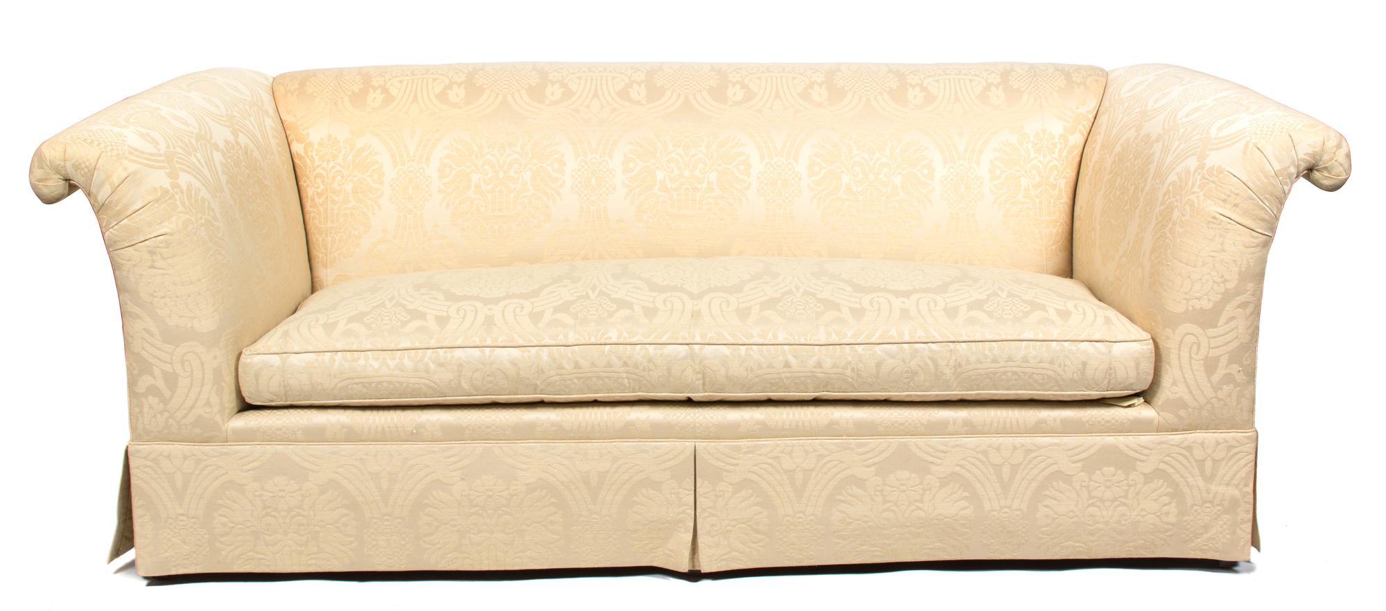 A Pair of Contemporary White Silk Damask Upholstered Sofas Height 31 1/2 x width 82 x depth 36 1/2 inches. — 20TH CENTURY