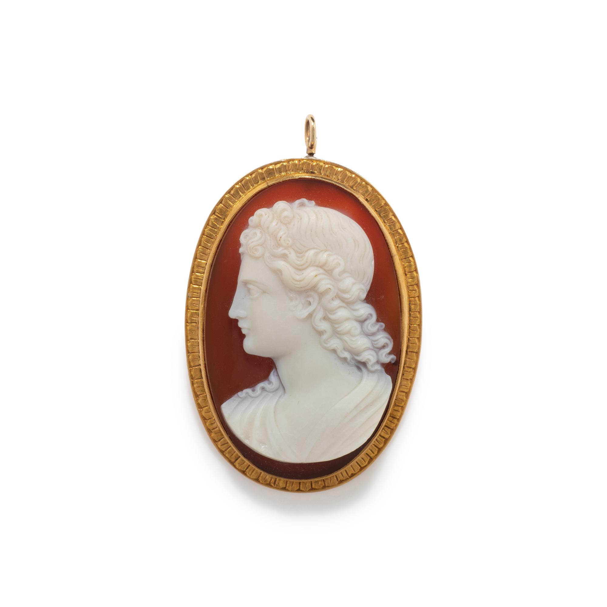 A Neoclassical Carnelian Cameo Pendant Brooch with the God Apollo