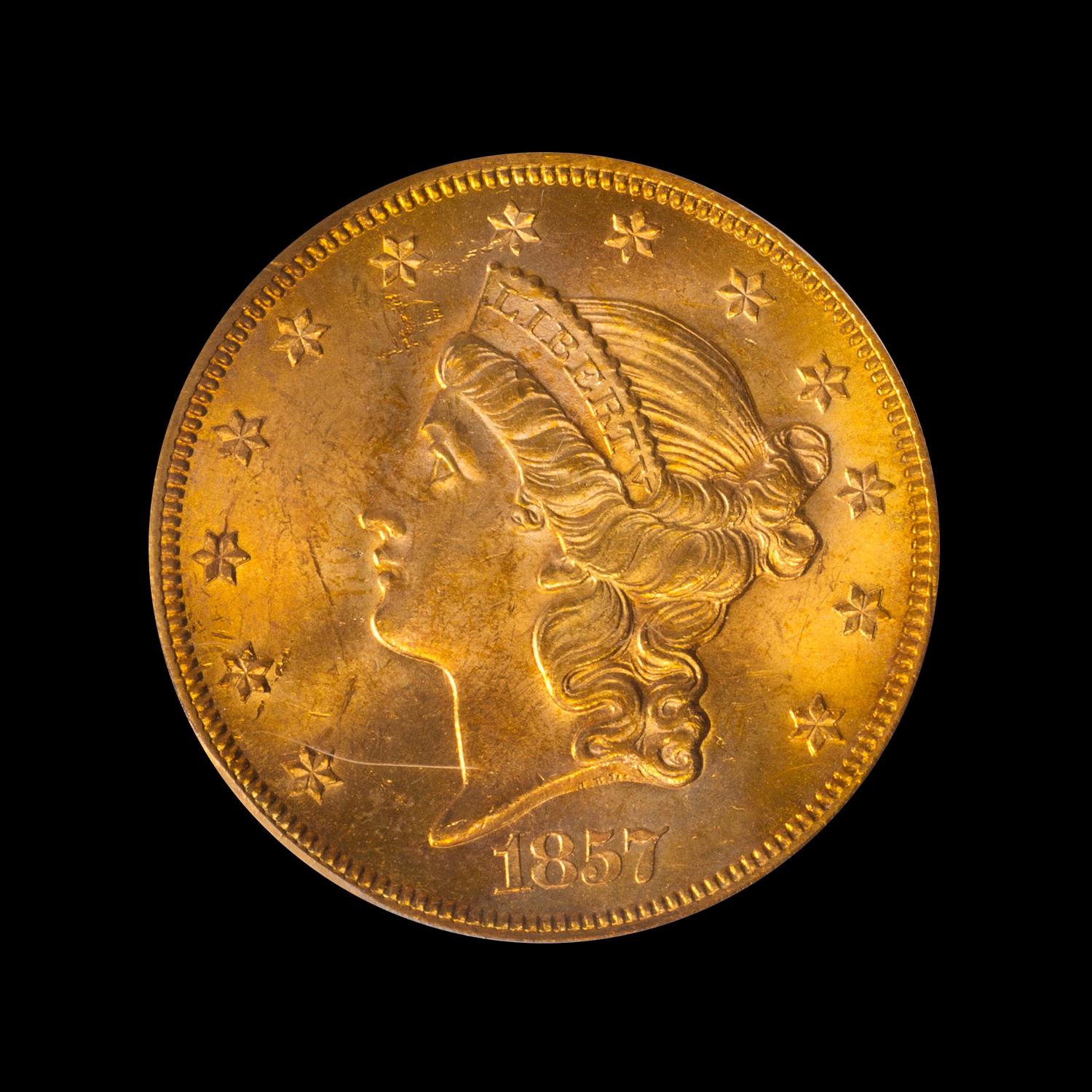 A United States 1857-S Liberty Head $20 Gold Coin