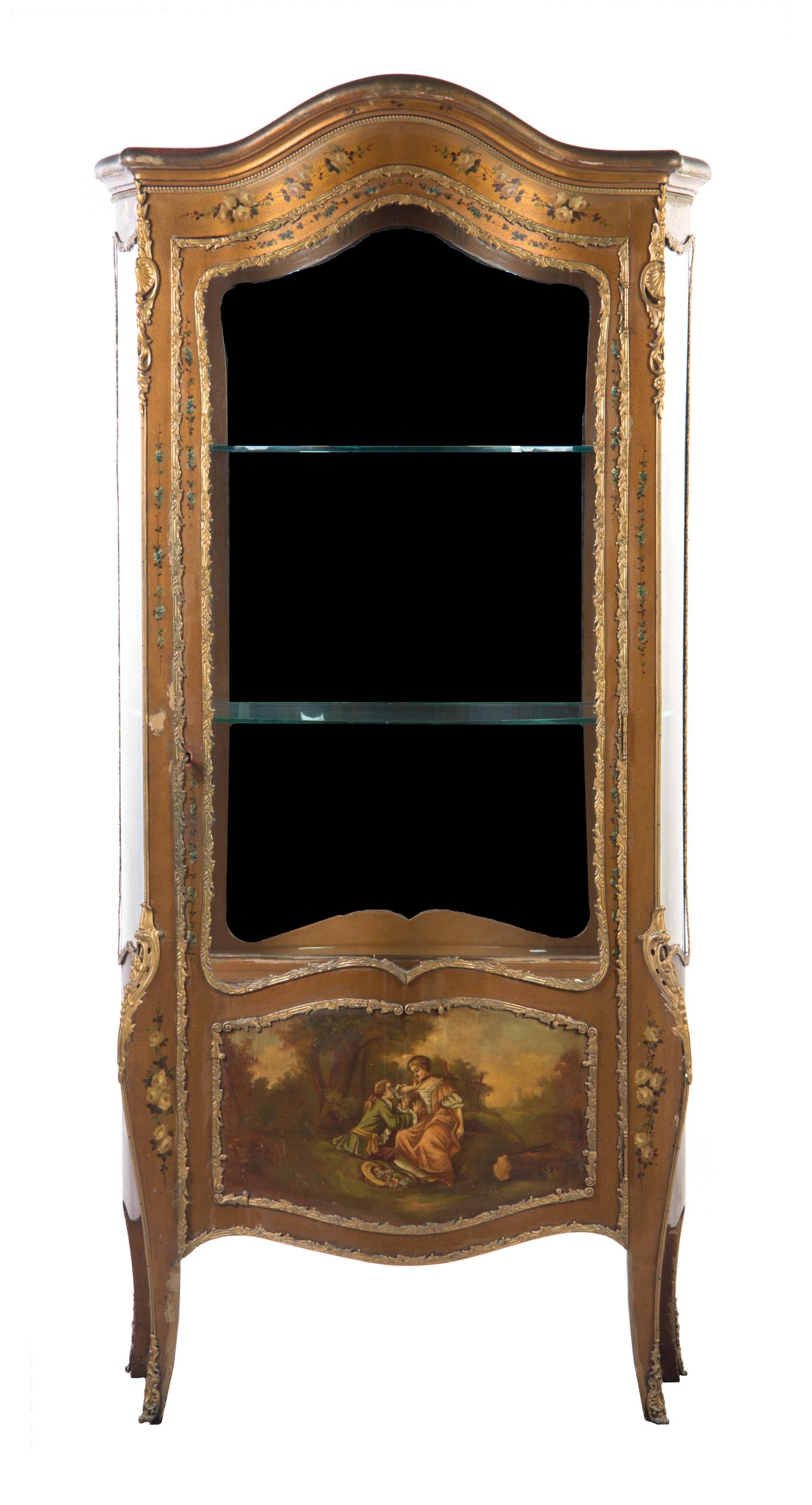 A Louis XVI Style Gilt Metal Mounted Vernis Martin Vitrine, Height 67 x width 33 1/2 x depth 13 1/4 inches.