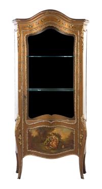 A Louis XVI Style Gilt Metal Mounted Vernis Martin Vitrine, Height 67 x width 33 1/2 x depth 13 1/4 inches.