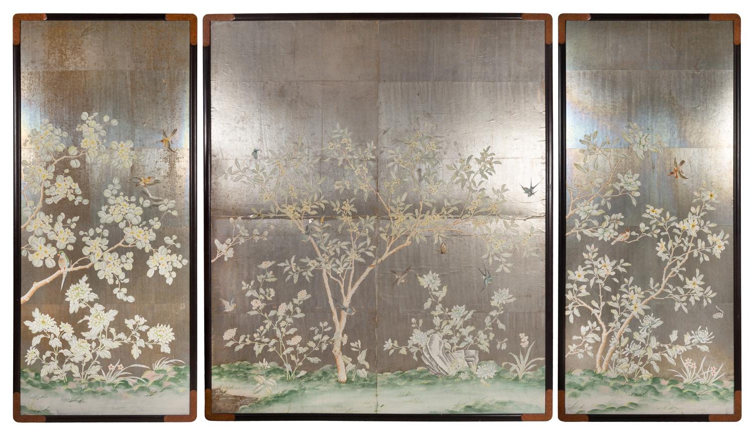 Three Gracie Hand-Painted Wallpaper Panels Largest height 83 3/4 x width 70 1/2 inches. — MID-20TH CENTURY