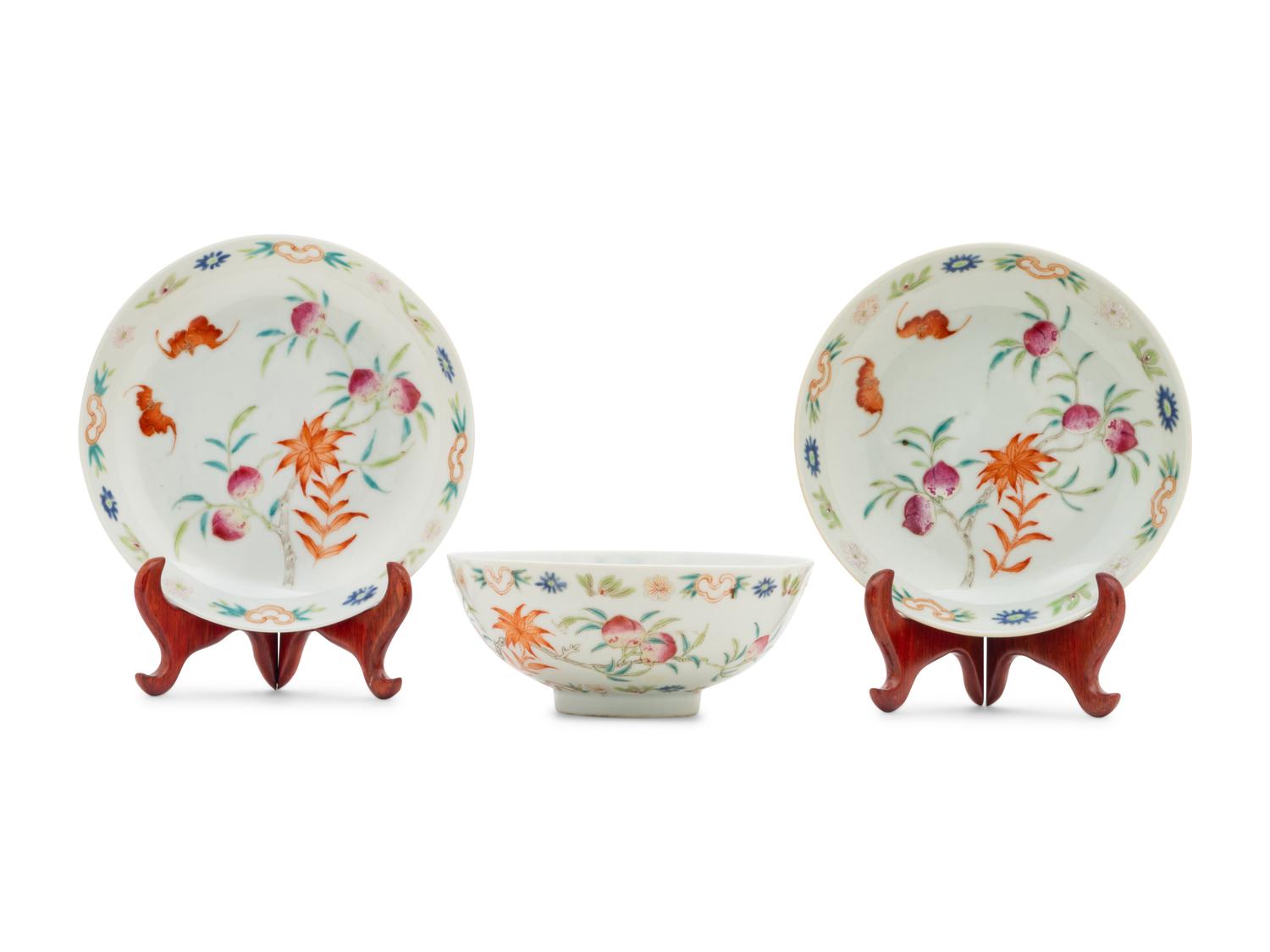 Three Chinese Famille Rose 'Peaches and Bats' Porcelain Articles